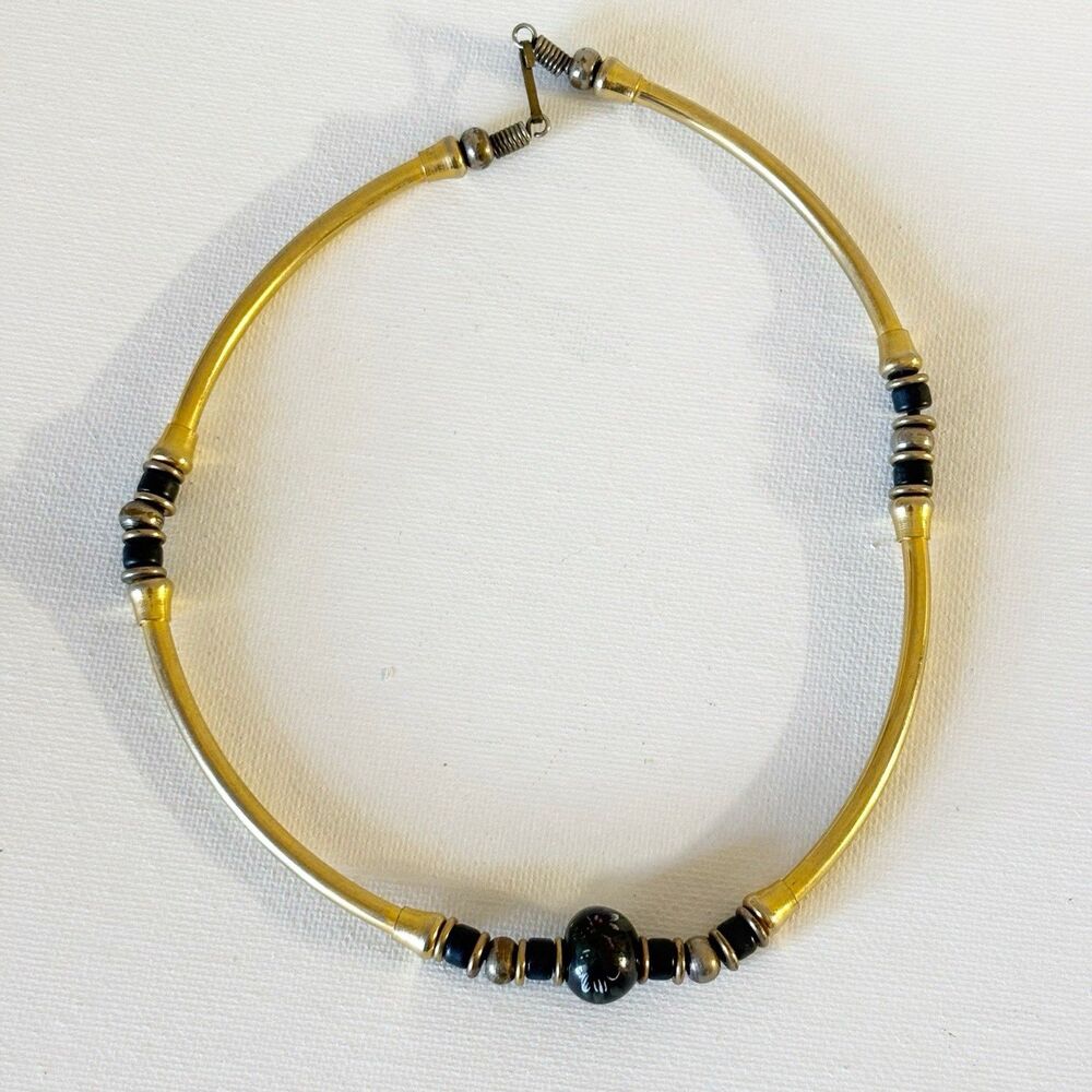 Metal Tube Necklace Painted Bead Choker Vintage Gold Tone Necklace Jewelry 90s